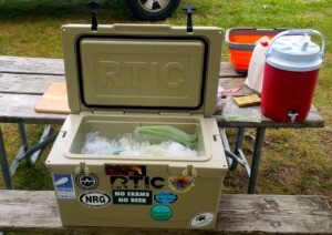 RTIC 45 quart hard cooler lid open iced down