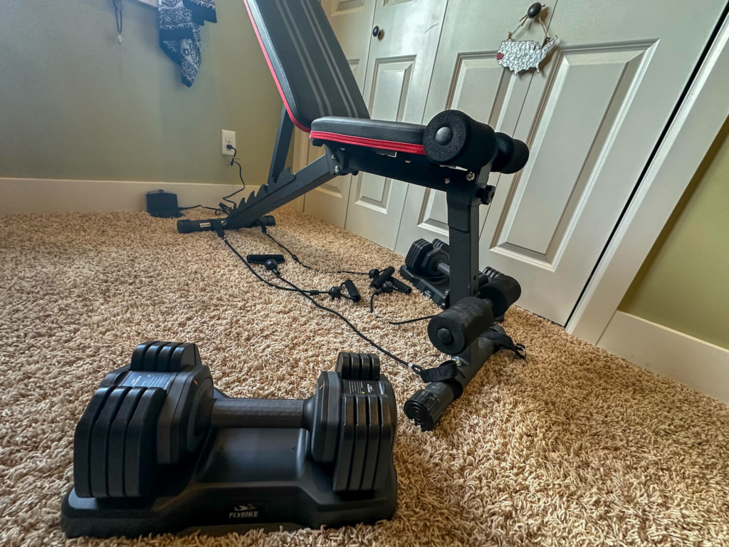 fb lite weight bench and 25-pound adjustable dumbbells