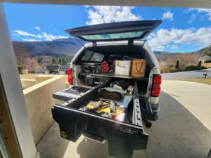 DECKED drawer system with one drawer open