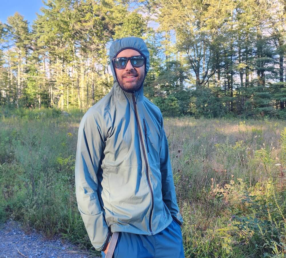 Hood up and full zipper on Outdoor Vitals Nebo Windbreaker