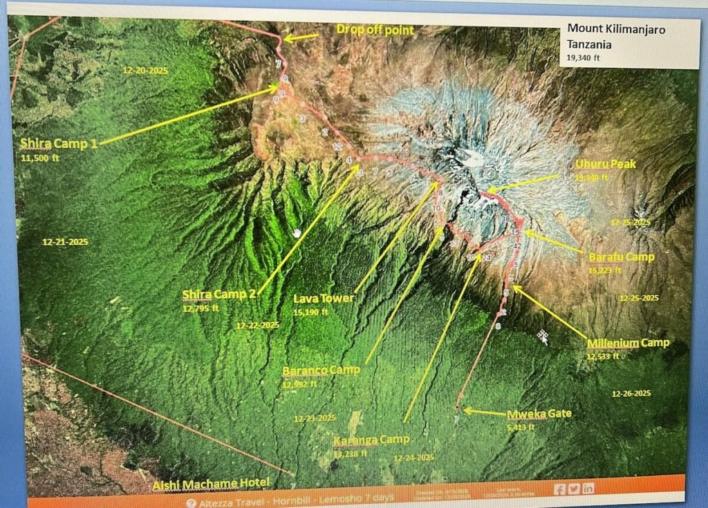 Kilimanjaro trip satellite view of the Lemosho route