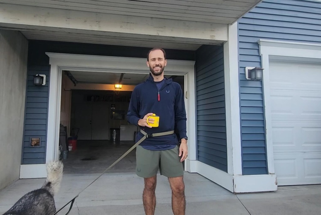 Man going to walk his dog wearing ASRV apparel